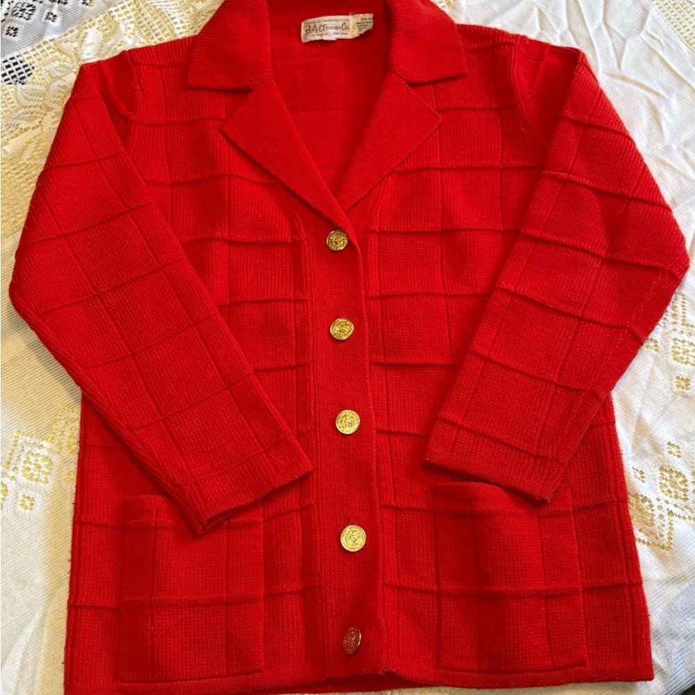 Vintage Red Button-Front Knit Cardigan with Gold Buttons